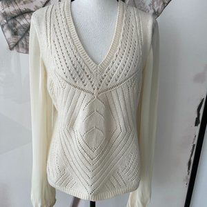 Valentino  V-Neck Cable Knit Sweater with Sheer Sleeves